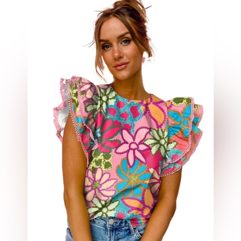 Floral Ruffle Sleeve Blouse - Pink Multi